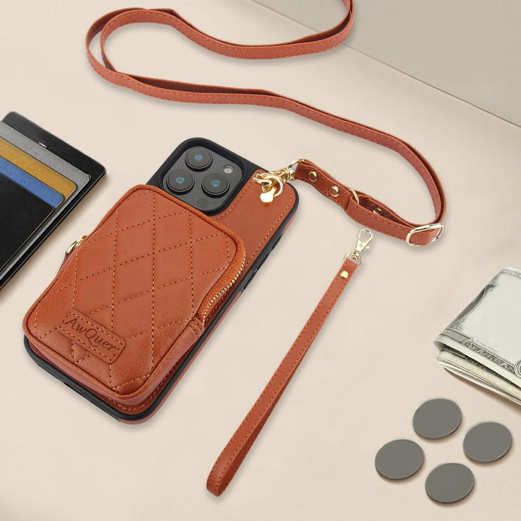 For iPhone 15 Pro Max AwQuer Crossbody Zipper Wallet Bag Litchi Leather Phone Case(Brown) - 6