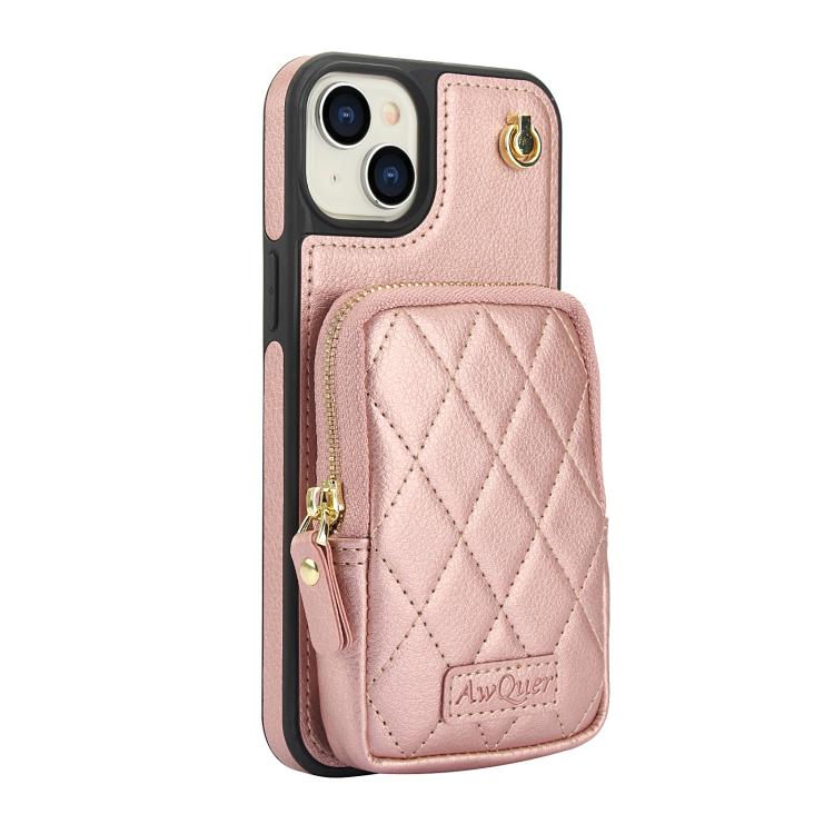 For iPhone 14 Plus AwQuer Crossbody Zipper Wallet Bag Litchi Leather Phone Case(Rose Gold) For iPhone 14 Plus AwQuer Crossbody Zipper Wallet Bag Litchi Leather Phone Case(Rose Gold)
