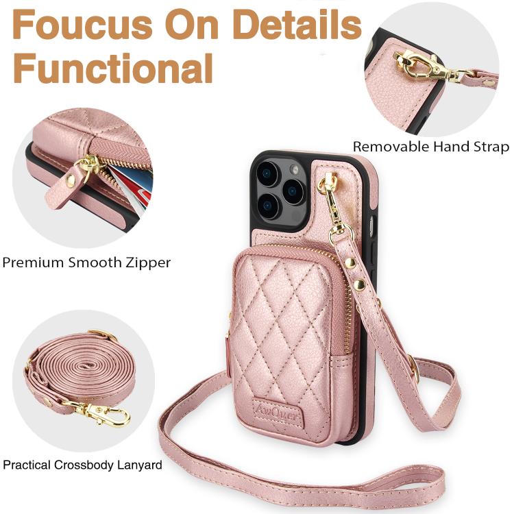 For iPhone 14 Plus AwQuer Crossbody Zipper Wallet Bag Litchi Leather Phone Case(Rose Gold) For iPhone 14 Plus AwQuer Crossbody Zipper Wallet Bag Litchi Leather Phone Case(Rose Gold)