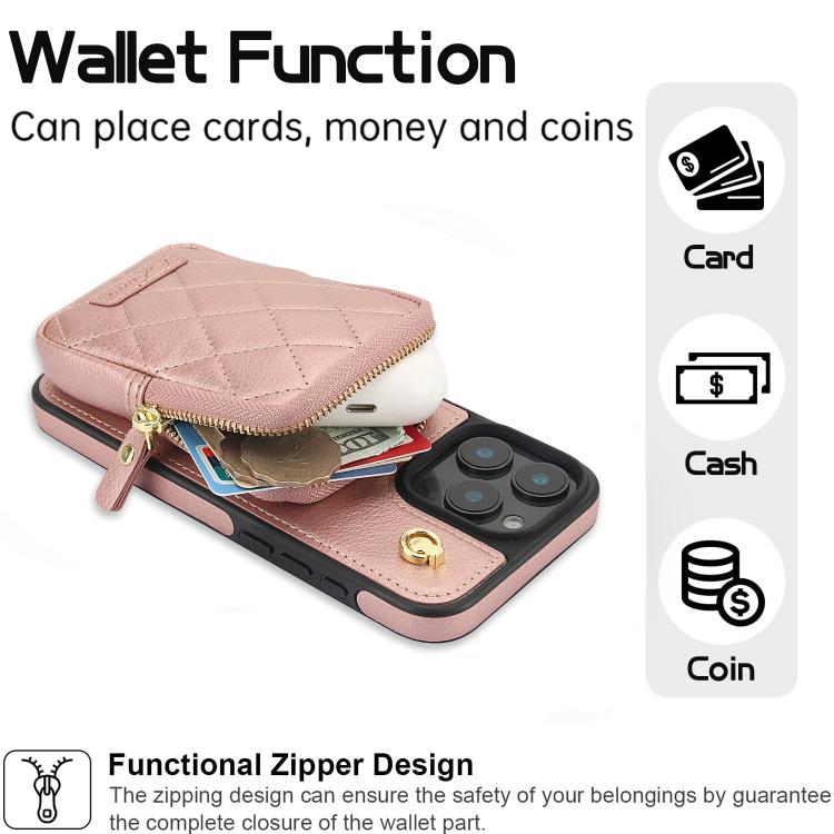 For iPhone 14 Plus AwQuer Crossbody Zipper Wallet Bag Litchi Leather Phone Case(Rose Gold) For iPhone 14 Plus AwQuer Crossbody Zipper Wallet Bag Litchi Leather Phone Case(Rose Gold)