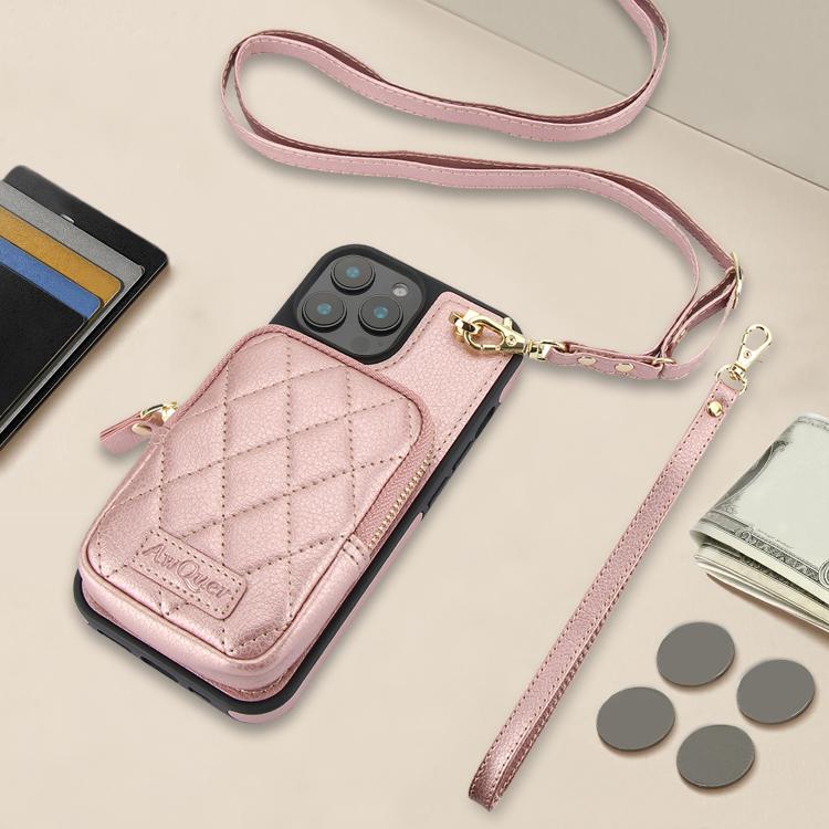 For iPhone 14 Plus AwQuer Crossbody Zipper Wallet Bag Litchi Leather Phone Case(Rose Gold) For iPhone 14 Plus AwQuer Crossbody Zipper Wallet Bag Litchi Leather Phone Case(Rose Gold)