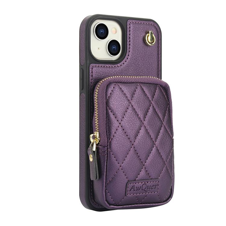 For iPhone 14 / 13 AwQuer Crossbody Zipper Wallet Bag Litchi Leather Phone Case(Dark Purple) For iPhone 14 / 13 AwQuer Crossbody Zipper Wallet Bag Litchi Leather Phone Case(Dark Purple)