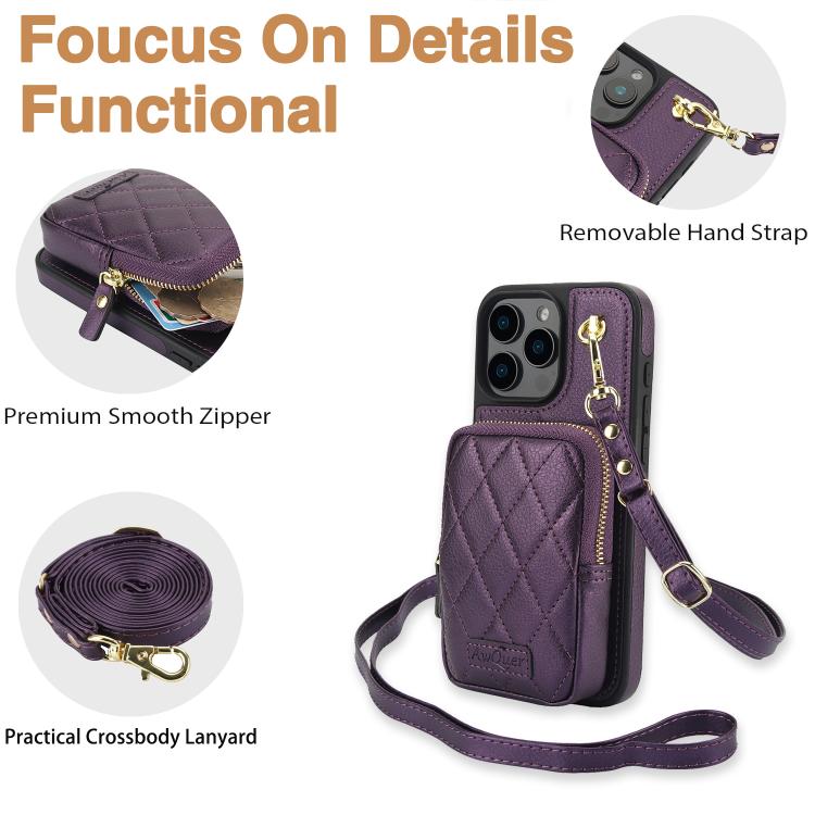 For iPhone 14 / 13 AwQuer Crossbody Zipper Wallet Bag Litchi Leather Phone Case(Dark Purple) For iPhone 14 / 13 AwQuer Crossbody Zipper Wallet Bag Litchi Leather Phone Case(Dark Purple)