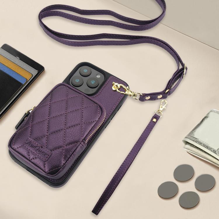 For iPhone 14 / 13 AwQuer Crossbody Zipper Wallet Bag Litchi Leather Phone Case(Dark Purple) For iPhone 14 / 13 AwQuer Crossbody Zipper Wallet Bag Litchi Leather Phone Case(Dark Purple)