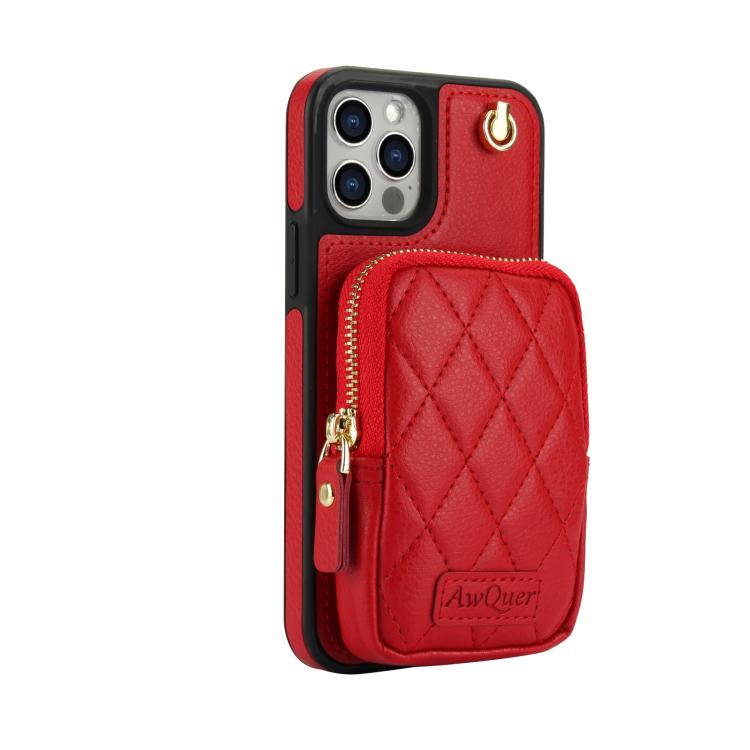 For iPhone 12 / 12 Pro AwQuer Crossbody Zipper Wallet Bag Litchi Leather Phone Case(Red) For iPhone 12 / 12 Pro AwQuer Crossbody Zipper Wallet Bag Litchi Leather Phone Case(Red)