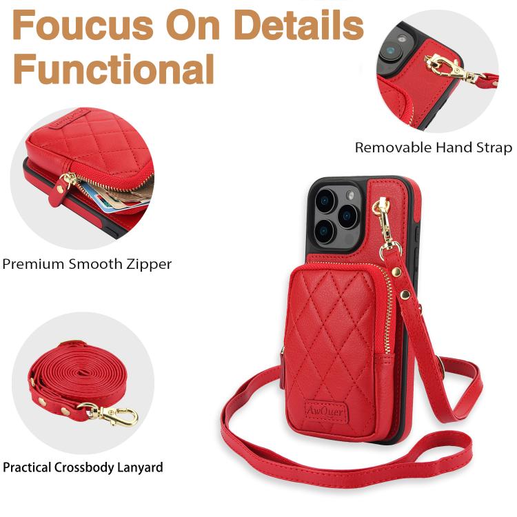 For iPhone 12 / 12 Pro AwQuer Crossbody Zipper Wallet Bag Litchi Leather Phone Case(Red) For iPhone 12 / 12 Pro AwQuer Crossbody Zipper Wallet Bag Litchi Leather Phone Case(Red)