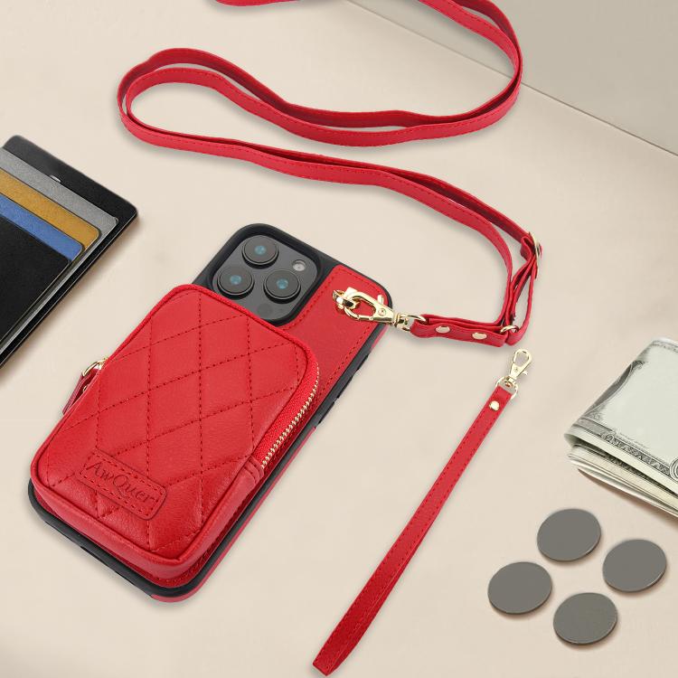 For iPhone 12 / 12 Pro AwQuer Crossbody Zipper Wallet Bag Litchi Leather Phone Case(Red) For iPhone 12 / 12 Pro AwQuer Crossbody Zipper Wallet Bag Litchi Leather Phone Case(Red)