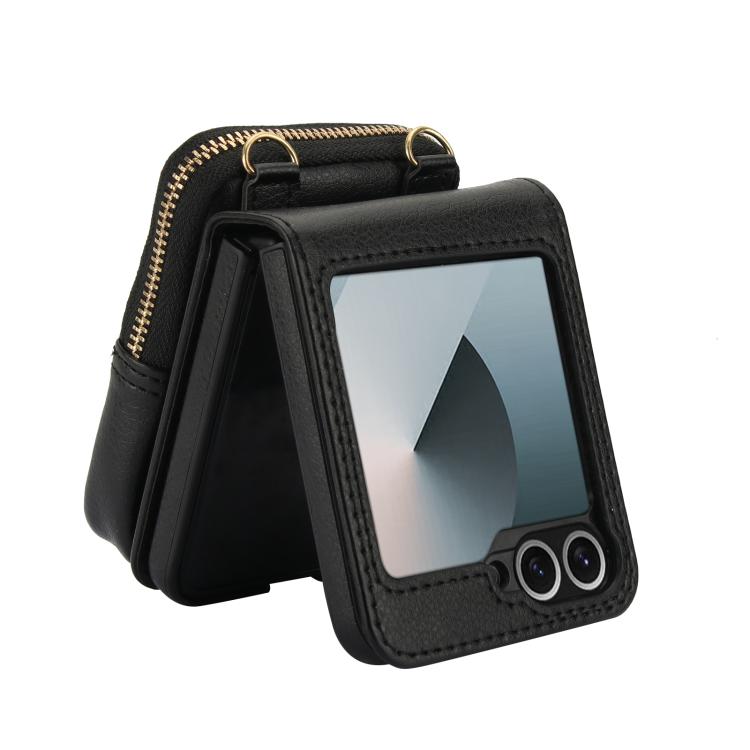 For Samsung Galaxy Z Flip6 AwQuer Crossbody Zipper Wallet Bag Litchi Leather Phone Case(Black)