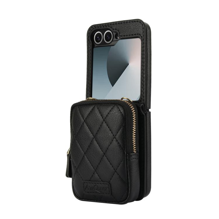 For Samsung Galaxy Z Flip6 AwQuer Crossbody Zipper Wallet Bag Litchi Leather Phone Case(Black)