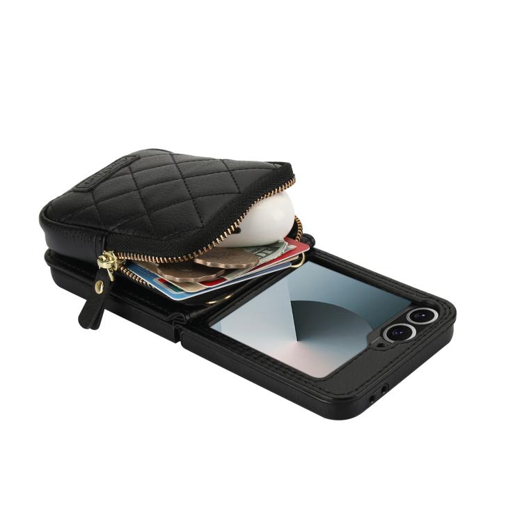 For Samsung Galaxy Z Flip6 AwQuer Crossbody Zipper Wallet Bag Litchi Leather Phone Case(Black)