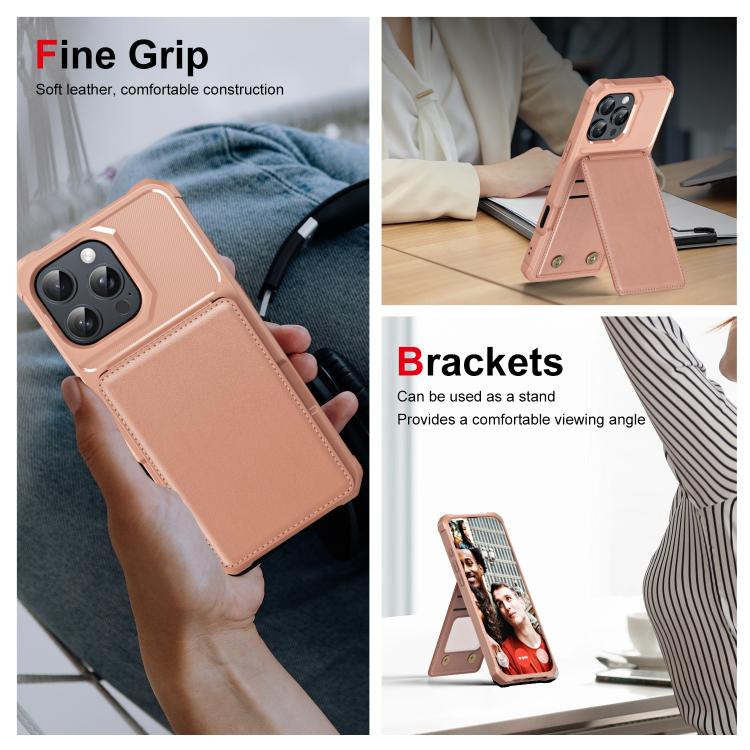 For iPhone 16 Pro Vertical Flip Card Bag Holder Leather Phone Case(Rose Gold) For iPhone 16 Pro Vertical Flip Card Bag Holder Leather Phone Case(Rose Gold)