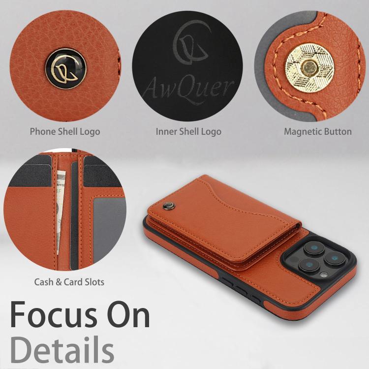 For iPhone 16 Pro AwQuer Horizontal Flip Card Bag Holder Leather Phone Case(Brown) For iPhone 16 Pro AwQuer Horizontal Flip Card Bag Holder Leather Phone Case(Brown)