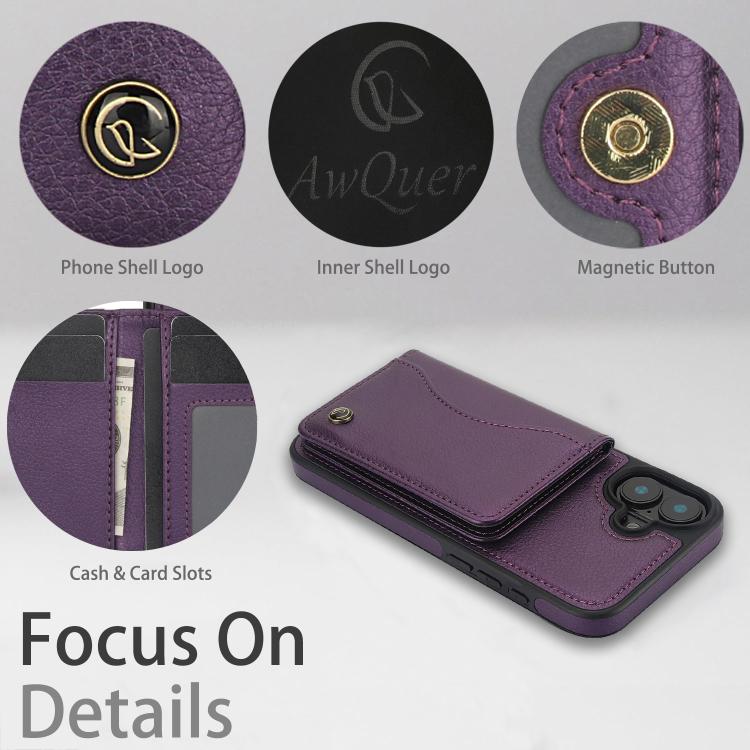 For iPhone 16 AwQuer Horizontal Flip Card Bag Holder Leather Phone Case(Dark Purple) For iPhone 16 AwQuer Horizontal Flip Card Bag Holder Leather Phone Case(Dark Purple)