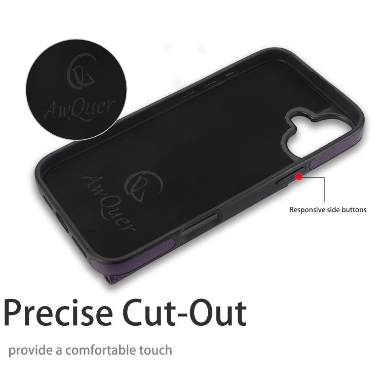 For iPhone 16 AwQuer Horizontal Flip Card Bag Holder Leather Phone Case(Dark Purple) For iPhone 16 AwQuer Horizontal Flip Card Bag Holder Leather Phone Case(Dark Purple)