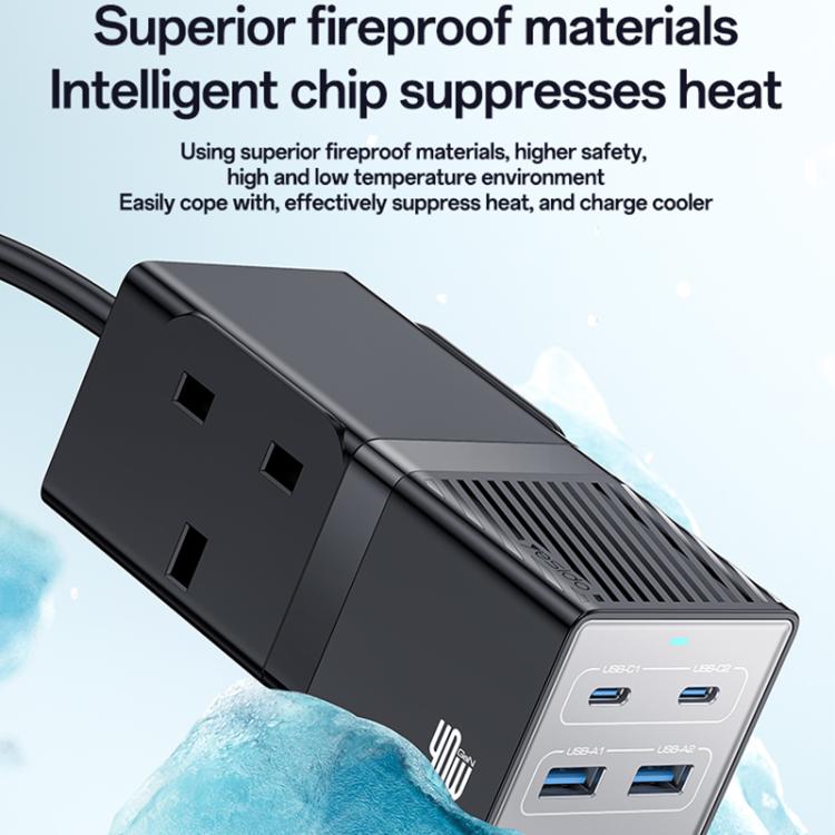 Yesido MC37 40W 6 In 1 Dual Type-C and Dual USB-A with 2 Socket Desktop GaN Power Socket Power Strip, UK Plug(Black)