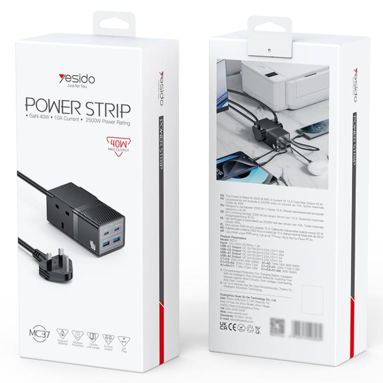 Yesido MC37 40W 6 In 1 Dual Type-C and Dual USB-A with 2 Socket Desktop GaN Power Socket Power Strip, UK Plug(Black)