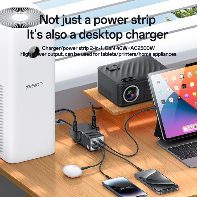 Yesido MC37 40W 6 In 1 Dual Type-C and Dual USB-A with 2 Socket Desktop GaN Power Socket Power Strip, UK Plug(Black)