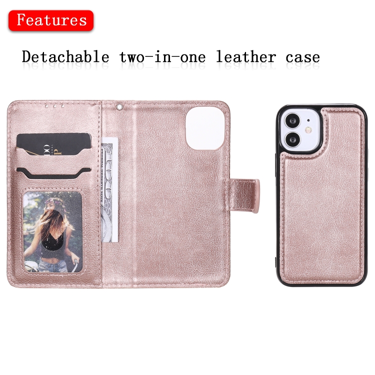 For iPhone 12 mini 2 in 1 Solid Color Detachable PU Leather Case with Card Slots & Magnetic Holder & Photo Frame & Wallet & Strap(Rose Gold) For iPhone 12 mini 2 in 1 Solid Color Detachable PU Leather Case with Card Slots & Magnetic Holder & Photo Frame & Wallet & Strap(Rose Gold)