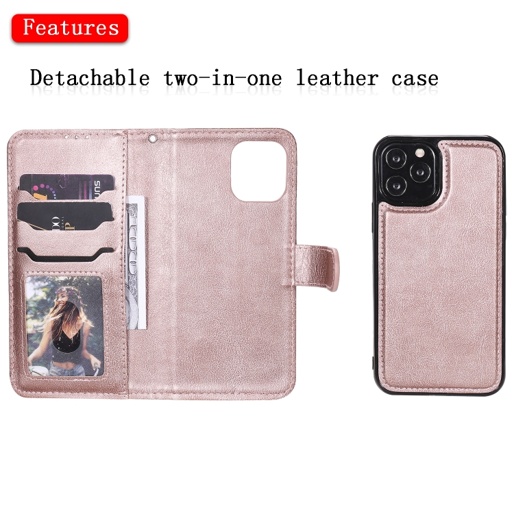 For iPhone 12 / 12 Pro 2 in 1 Solid Color Detachable PU Leather Case with Card Slots & Magnetic Holder & Photo Frame & Wallet & Strap(Rose Gold) For iPhone 12 / 12 Pro 2 in 1 Solid Color Detachable PU Leather Case with Card Slots & Magnetic Holder & Photo Frame & Wallet & Strap(Rose Gold)