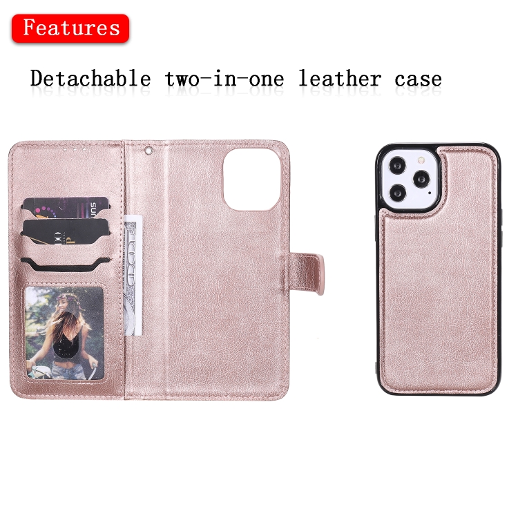 For iPhone 12 Pro Max 2 in 1 Solid Color Detachable PU Leather Case with Card Slots & Magnetic Holder & Photo Frame & Wallet & Strap(Rose Gold) For iPhone 12 Pro Max 2 in 1 Solid Color Detachable PU Leather Case with Card Slots & Magnetic Holder & Photo Frame & Wallet & Strap(Rose Gold)