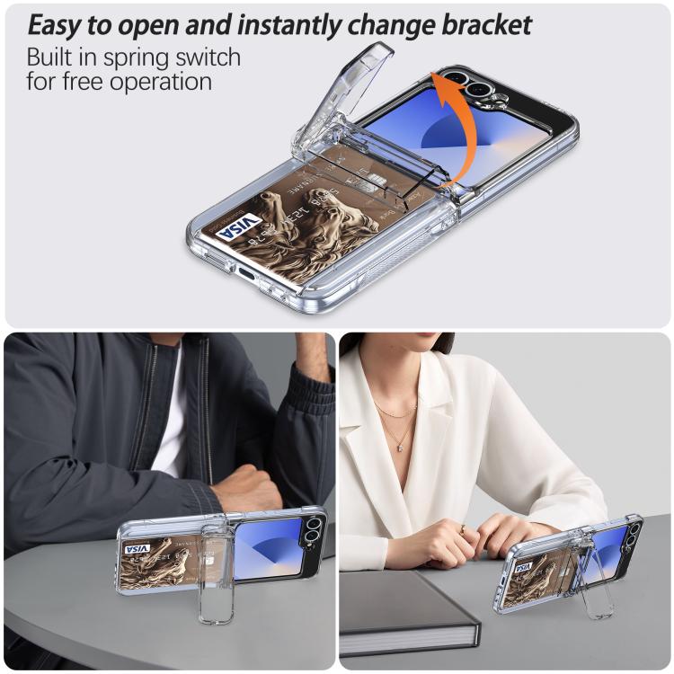 For Samsung Galaxy Z Flip6 5G Spring Rubber Chain Card Slot PC Folding Phone Case with Stand(Transparent)