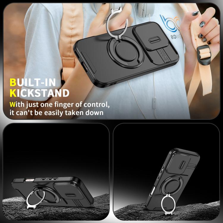 For Honor 600 Lite Global Sliding Camshield Ring Holder Phone Case(Black)