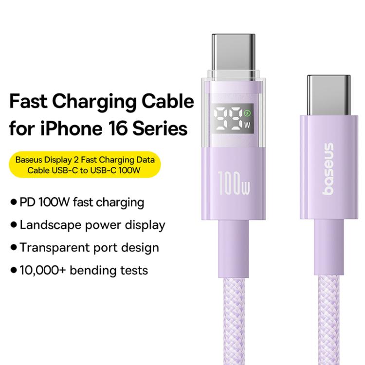 Câble de charge rapide Baseus Display 100 W Type-C vers Type-C, longueur : 2 m (violet) - 1