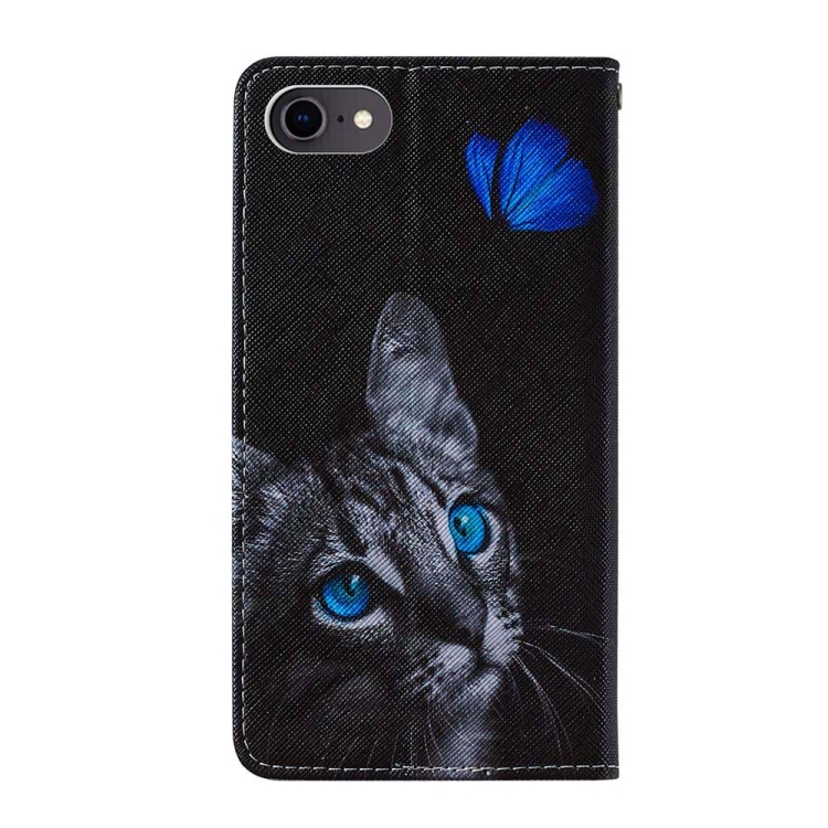 For iPhone SE 2022 / SE 2020 / 8 / 7 / 6 Cross Texture Painting Pattern Horizontal Flip Leather Case with Holder & Card Slots & Wallet & Lanyard(Blue Butterfly Cats Eye) For iPhone SE 2022 / SE 2020 / 8 / 7 / 6 Cross Texture Painting Pattern Horizontal Flip Leather Case with Holder & Card Slots & Wallet & Lanyard(Blue Butterfly Cats Eye)