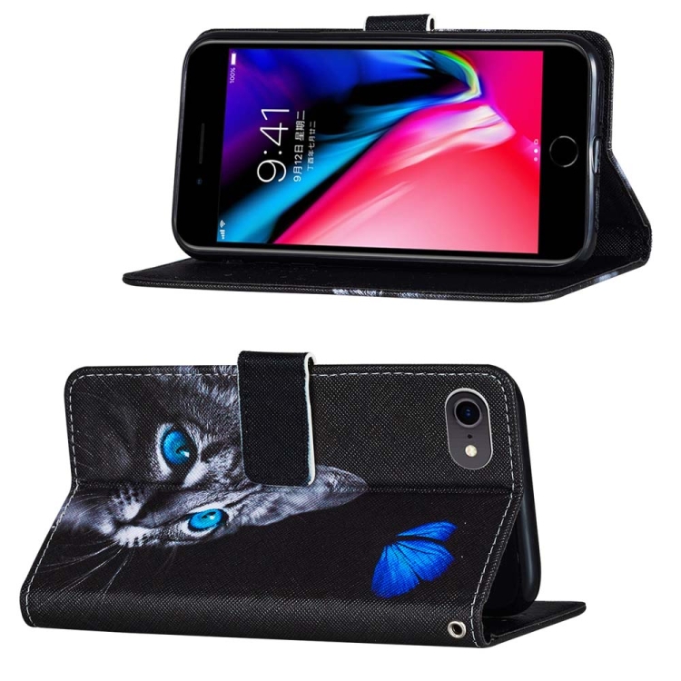 For iPhone SE 2022 / SE 2020 / 8 / 7 / 6 Cross Texture Painting Pattern Horizontal Flip Leather Case with Holder & Card Slots & Wallet & Lanyard(Blue Butterfly Cats Eye) For iPhone SE 2022 / SE 2020 / 8 / 7 / 6 Cross Texture Painting Pattern Horizontal Flip Leather Case with Holder & Card Slots & Wallet & Lanyard(Blue Butterfly Cats Eye)