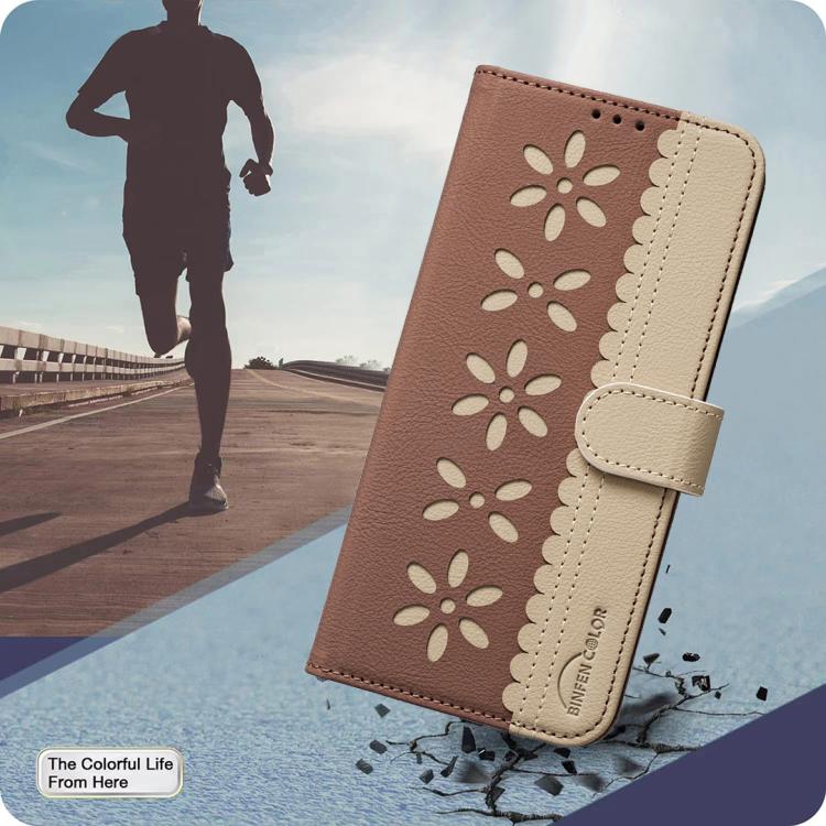 For iPhone 11 Pro Max Splicing Color Hollow Flower Pattern RFID Leather Phone Case(Brown)