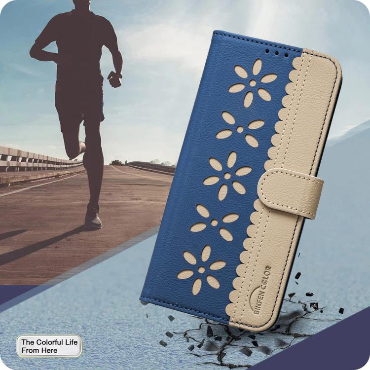 For iPhone 16 Pro Splicing Color Hollow Flower Pattern RFID Leather Phone Case(Dark Blue)