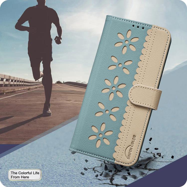 For iPhone XR Splicing Color Hollow Flower Pattern RFID Leather Phone Case(Green)