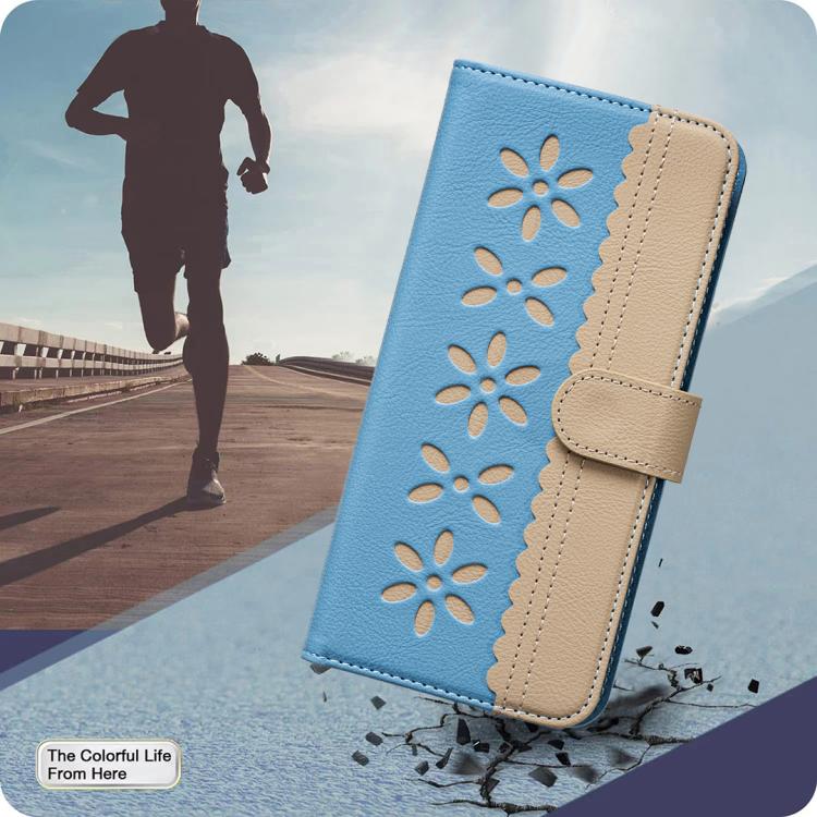For iPhone 6 / 7 / 8 Splicing Color Hollow Flower Pattern RFID Leather Phone Case(Baby Blue)