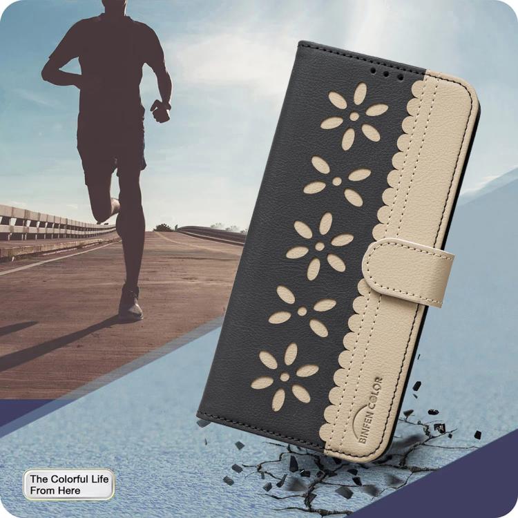 For iPhone 12 / 12 Pro Splicing Color Hollow Flower Pattern RFID Leather Phone Case(Black)