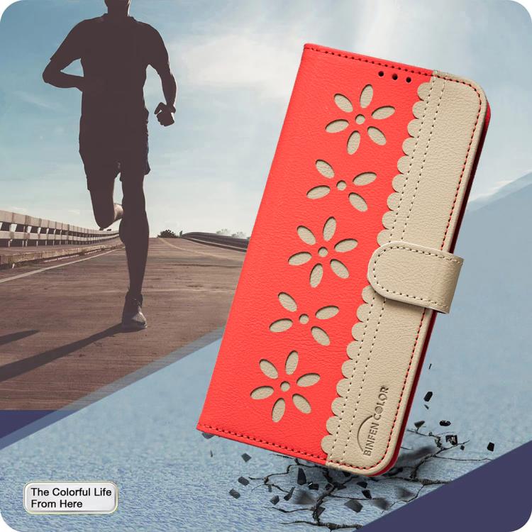 For iPhone 16 Splicing Color Hollow Flower Pattern RFID Leather Phone Case(Red)