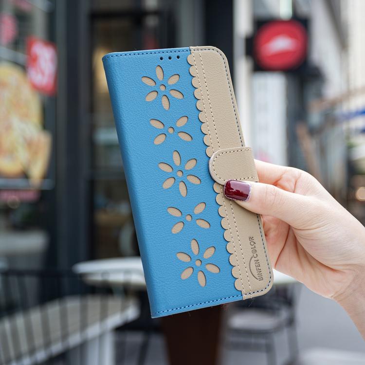 For iPhone 17 Splicing Color Hollow Flower Pattern RFID Leather Phone Case(Baby Blue)
