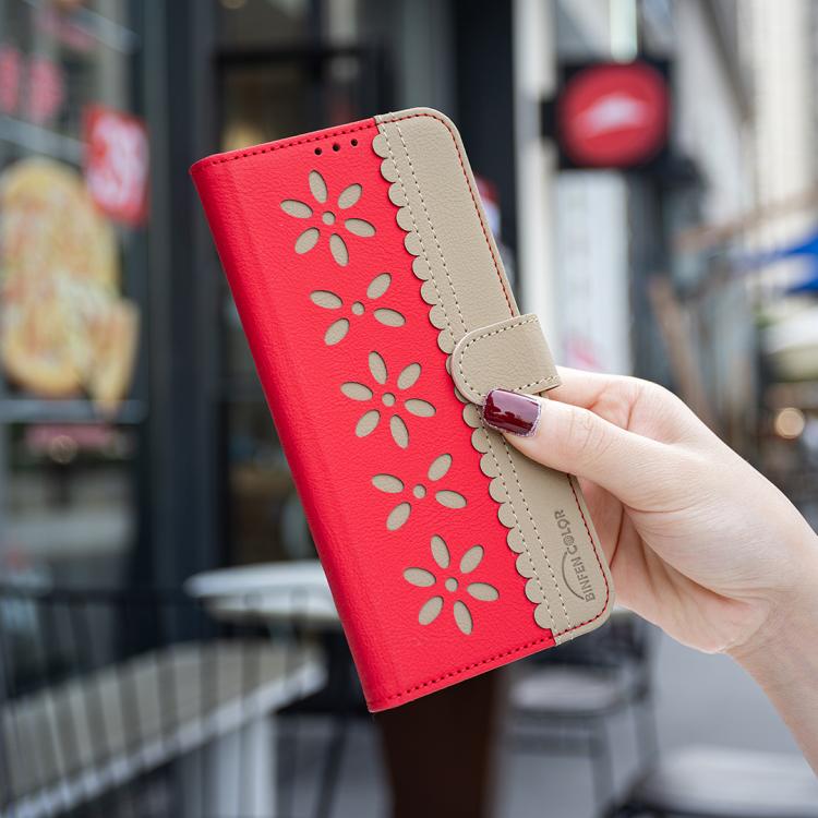 For iPhone 17 Air Splicing Color Hollow Flower Pattern RFID Leather Phone Case(Red)