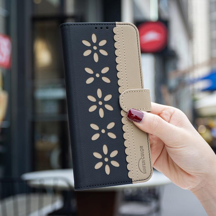For iPhone 17 Pro Max Splicing Color Hollow Flower Pattern RFID Leather Phone Case(Black)