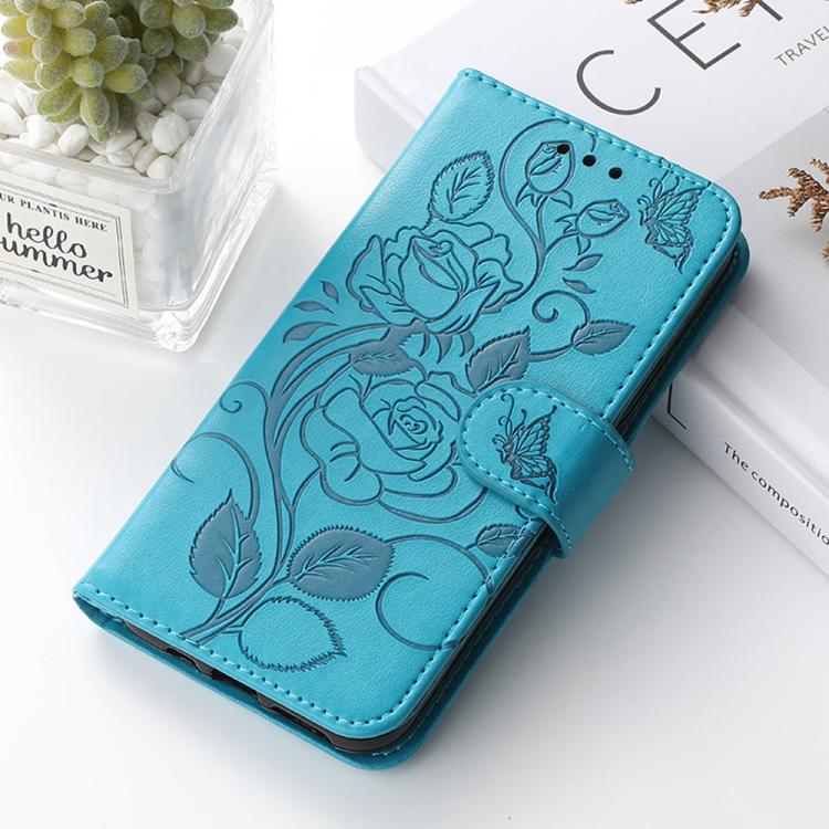 For Google Pixel 10 Pro XL Rose Butterfly Embossed Leather Phone Case(Blue)