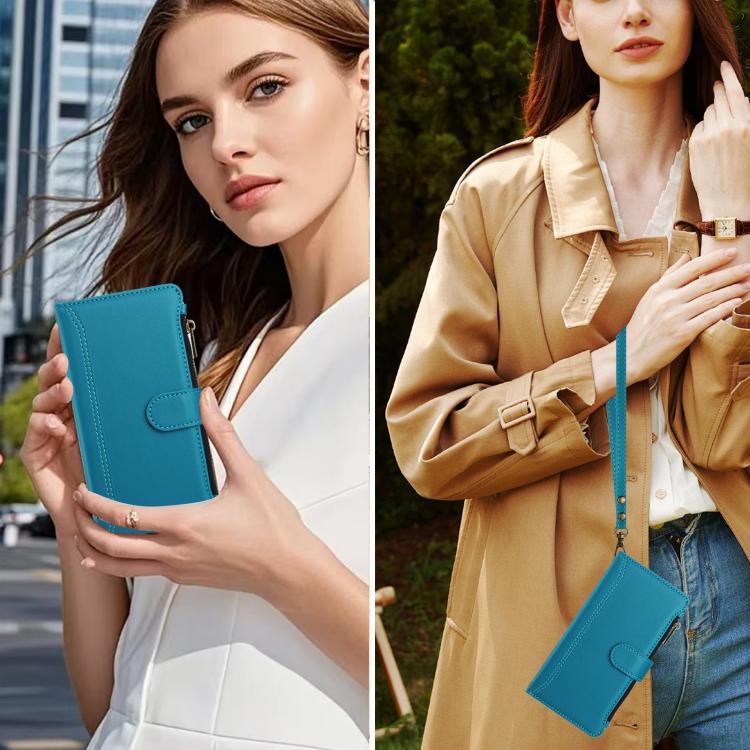 For OPPO A17 4G Global / A17K Magnetic Closure 9 Card Slots Zipper Leather Case with Hand Strap(Turquoise)