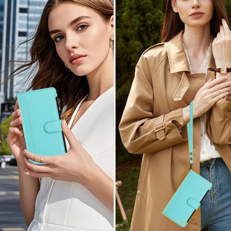 For OPPO Find X8 Pro 5G Global Magnetic Closure 9 Card Slots Zipper Leather Case with Hand Strap(Mint Green)