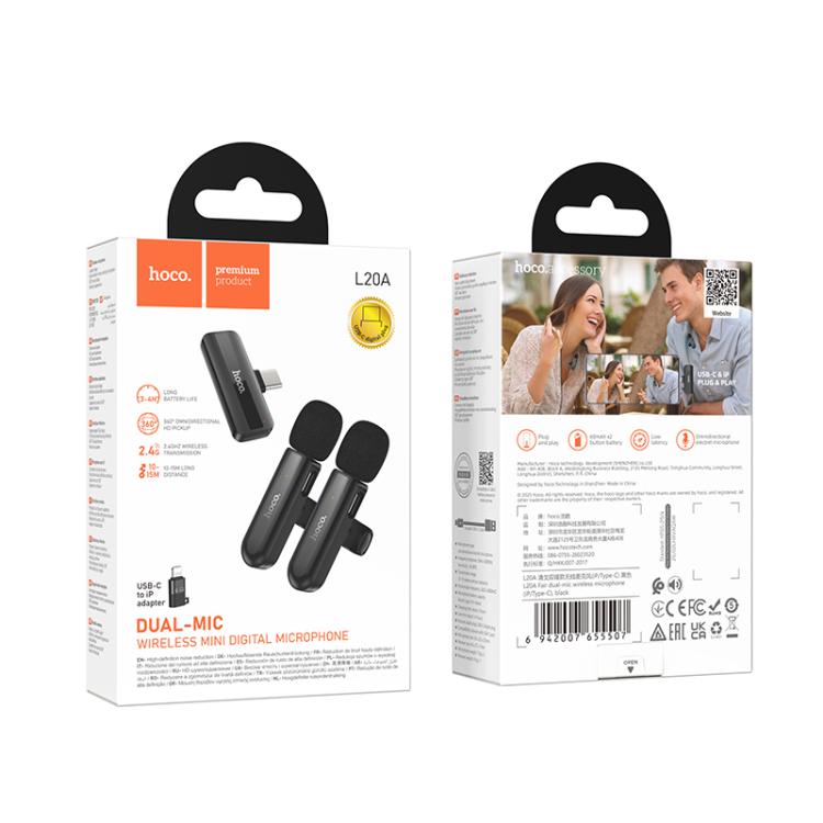 hoco L20A Fair USB-C / Type-C and 8 Pin Dual Mic Lavalier Wireless Microphone(Black) - 8