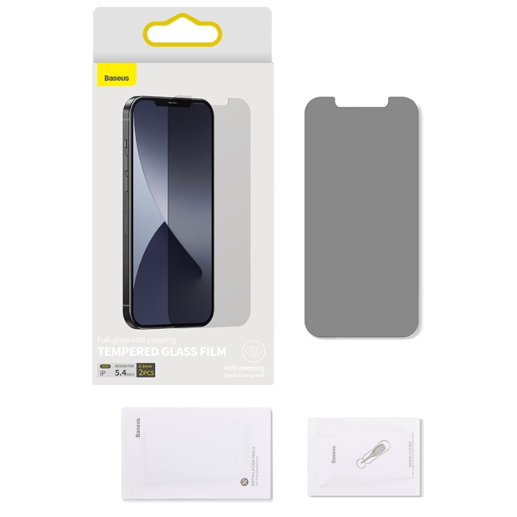 For iPhone 12 mini 2pcs Baseus 0.3mm Full-glass Anti-peeping Tempered Glass Film For iPhone 12 mini 2pcs Baseus 0.3mm Full-glass Anti-peeping Tempered Glass Film
