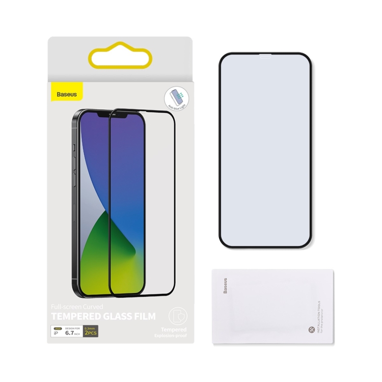 For iPhone 12 Pro Max 2pcs Baseus 0.3mm Full-screen Curved Anti-blue Light Tempered Film For iPhone 12 Pro Max 2pcs Baseus 0.3mm Full-screen Curved Anti-blue Light Tempered Film