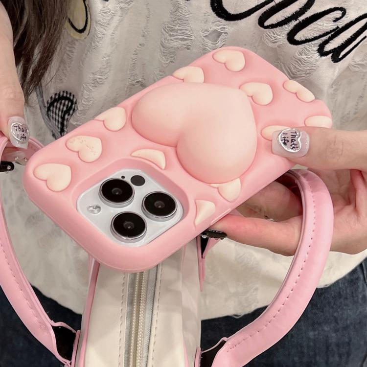 For iPhone 16 3D Heart Holder Silicone Phone Case(Pink)