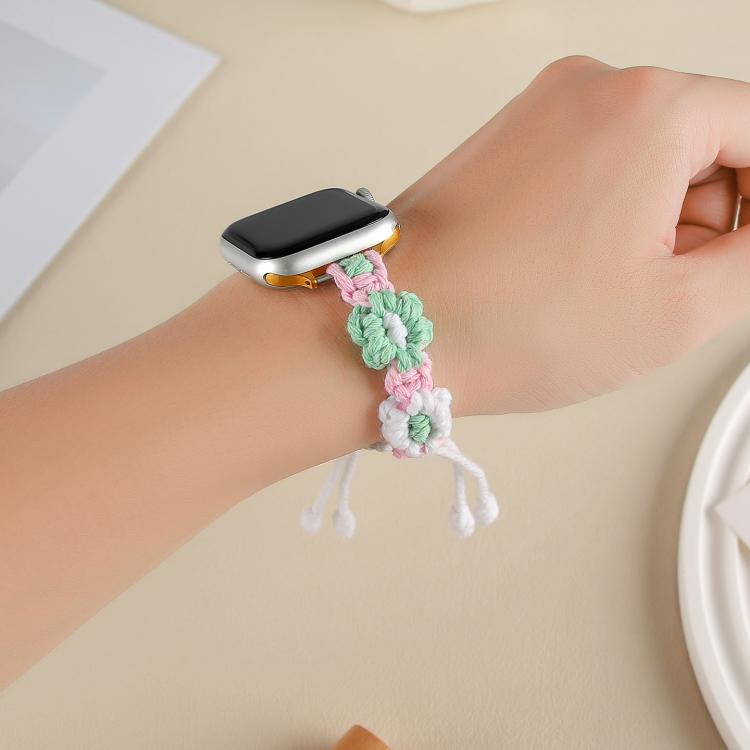 For Apple Watch 46mm / 49mm / 45mm / 44mm Hemp Rope Woven Flowers Drawstring Watch Band(Green White)