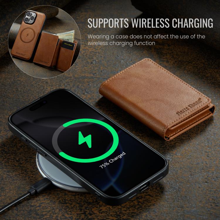 For iPhone 16 Pro Max Fierre Shann 2 in 1 Holder RFID Card Slot Wallet MagSafe Phone Case(Dark Brown)