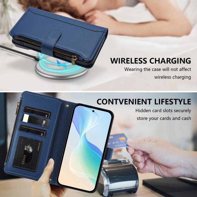 For UMIDIGI G100X Magnetic Closure 9 Card Slots Zipper Leather Case with Hand Strap(Dark Blue)