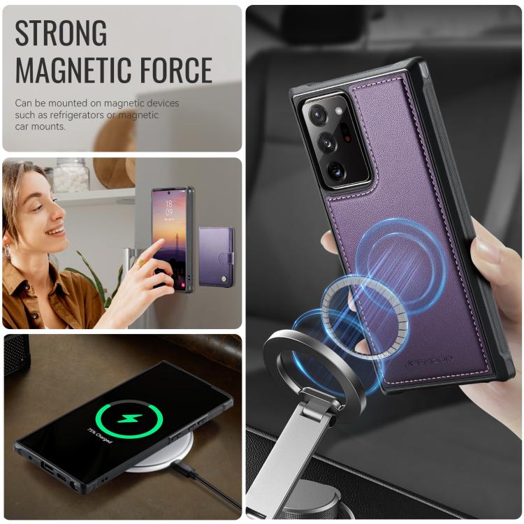 For Samsung Galaxy Note20 Ultra JEEHOOD J09 Buckle Card Bag MagSafe Magnetic Style RFID Leather Phone Case(Purple)