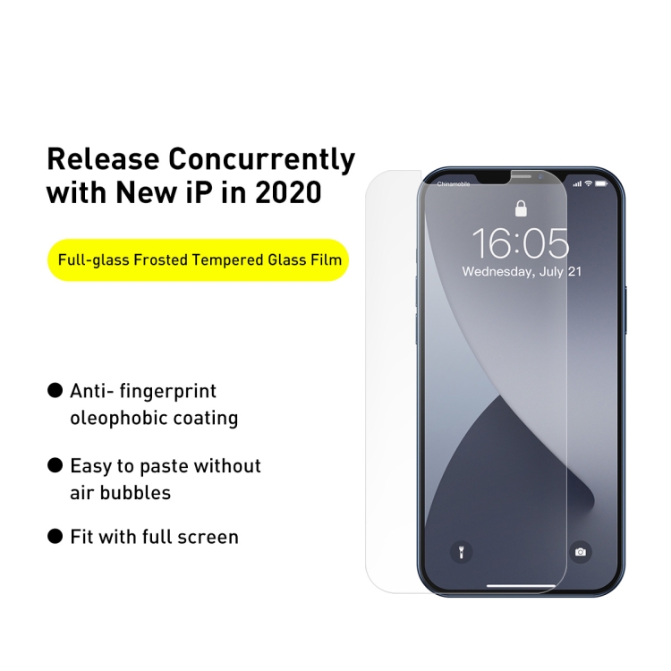For iPhone 12 mini 2pcs Baseus 0.25mm Full-glass Frosted Tempered Film For iPhone 12 mini 2pcs Baseus 0.25mm Full-glass Frosted Tempered Film